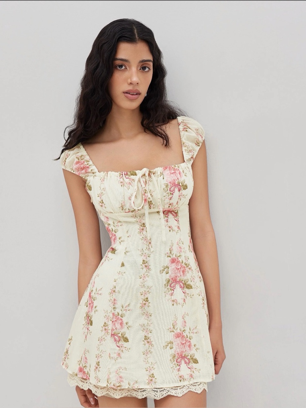 Cider Floral Square-Neck Mini Dress in Cream and Pink